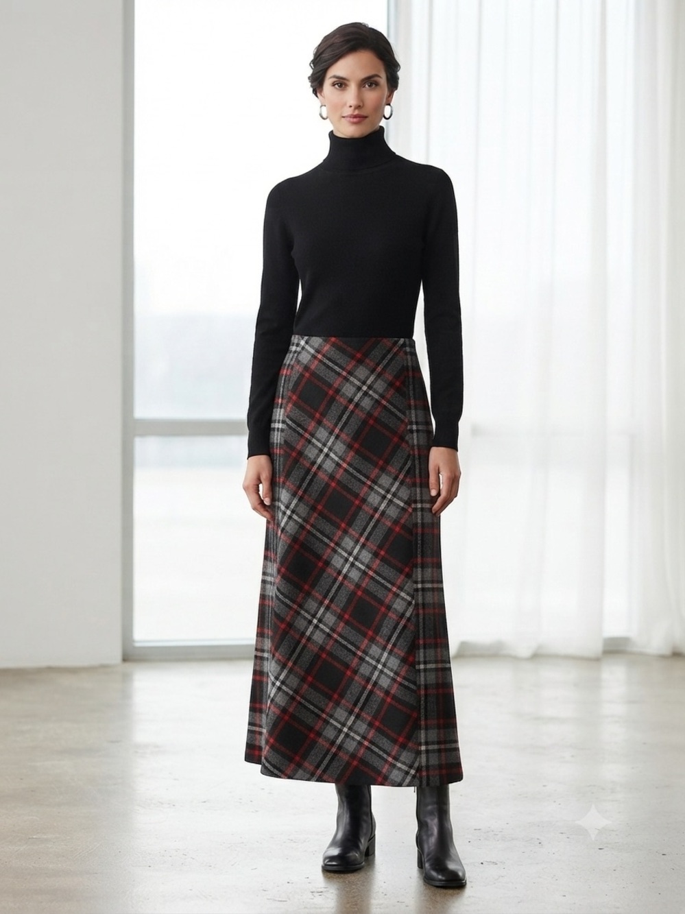 VINTAGE J. London Plaid Maxi Wool Blend Skirt in Black, Gray & Red - Picture 1 of 9